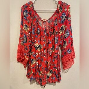 Artisan Crafted Floral Red Women's Top